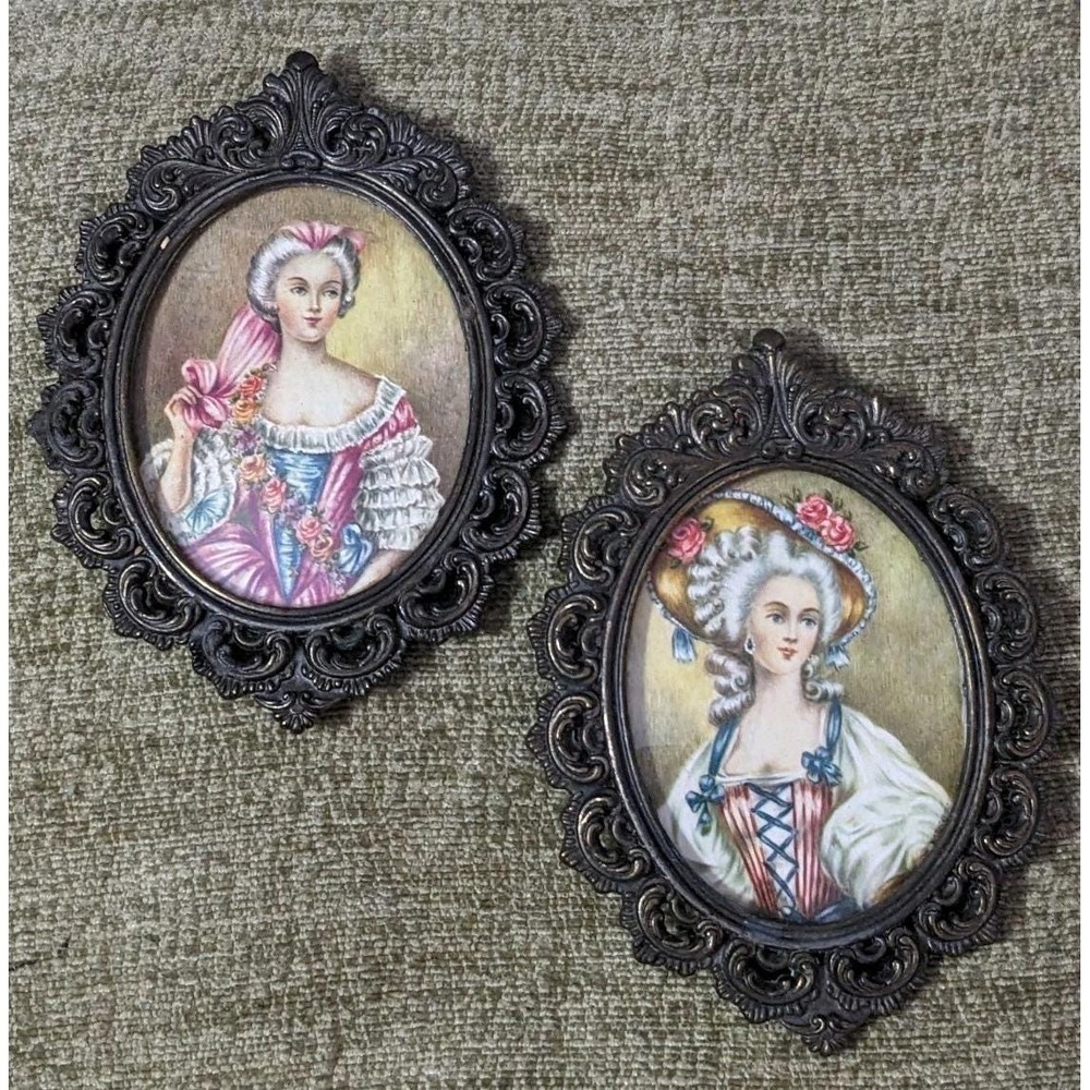 Pair Italian Ornate Metal Picture Frames Victorian Oval Women Portrait 5.5" X 4"